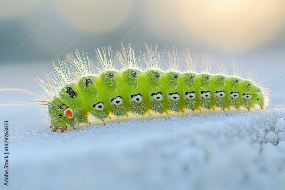 Fototapeta premium Green caterpillar with spots and fine hairs, front lifted mid-motion, curved body with soft trail and gentle natural shadow
