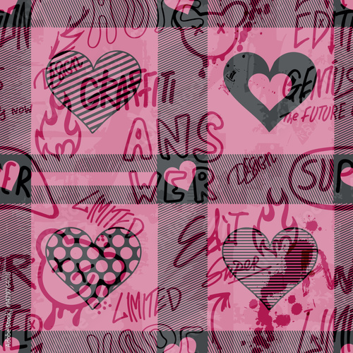 Girls seamless pattern with calligraphic slogan, hearts, words  . background for texylie, graphic tees, kids wear. Wallpaper for teenager girls. Fashion style