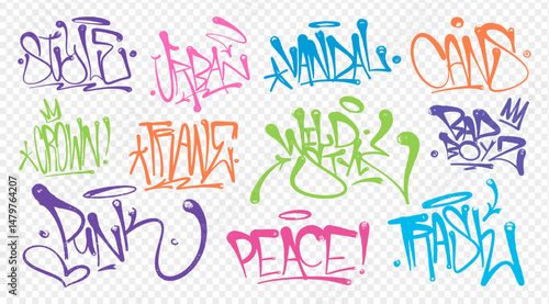 Street hip-hop graffiti tags, a collection of various inscriptions