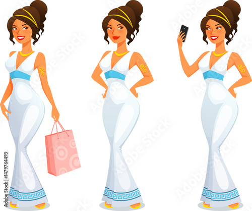 funny cartoon character of a beautiful Greek or Roman woman from the Ancient era, holding a shopping bag or taking selfie. Cute lifestyle illustration. Isolated on white.