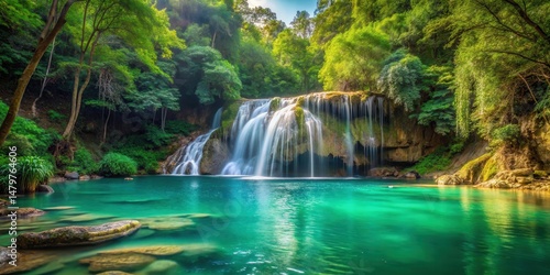 Gentle Waterfall Cascading Into Emerald Green Pool