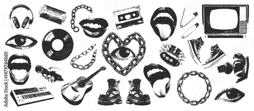 Photocopy stipple music with collage elements. Vinyl record,microphone, eyes, mouth, chain, synthesizer, drums, sneakers, chain, headphones. Vector illustration of grunge dadaism texture icons.