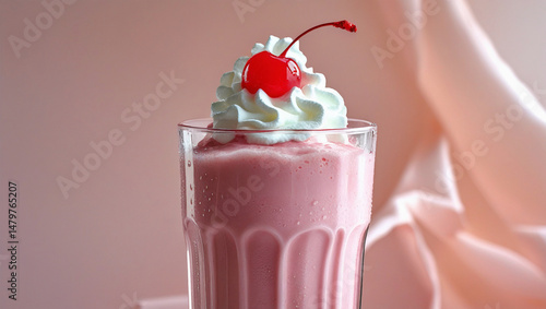 Creamy strawberry milkshake in transparent glass with whipped cream swirl and cherry on top. Soft pastel backdrop enhances freshness, perfect for beverage branding.