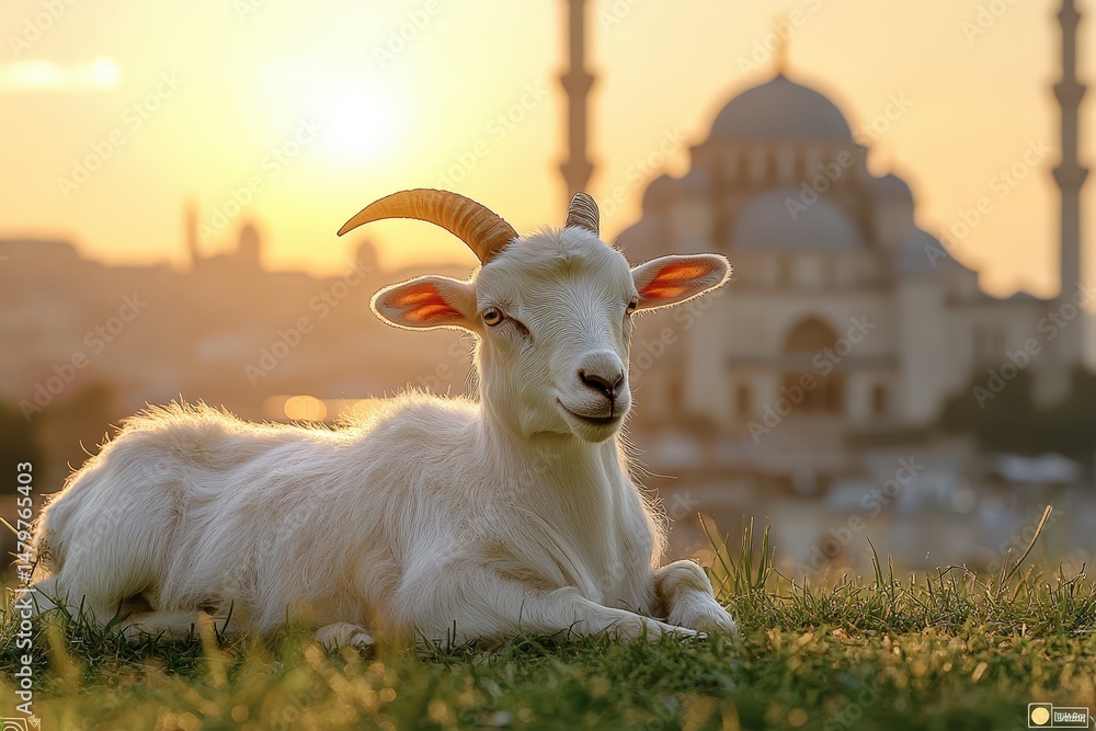 Fototapeta premium A serene white goat rests in grassy field, mosque in background at sunset.