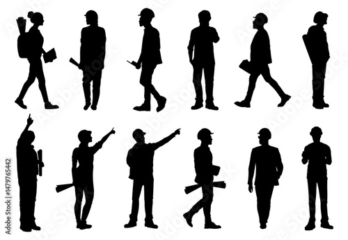 Collection of flat vector illustrations architects engineers and construction workers in silhouette