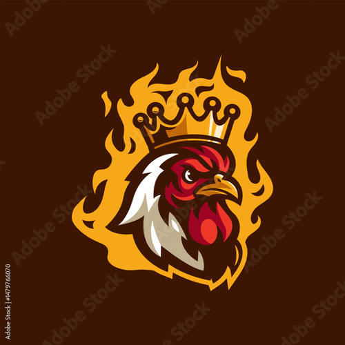Rooster Chicken King on Fire Mascot Logo