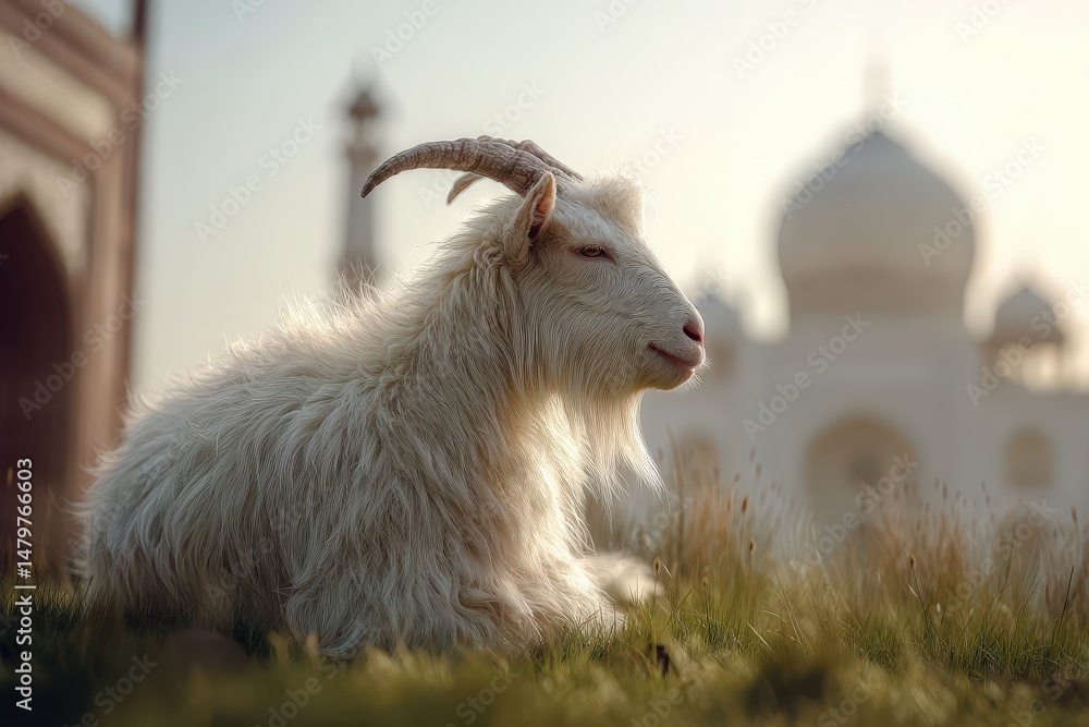 Fototapeta premium Fluffy white goat resting amidst greenery near a magnificent structure.