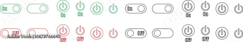 Power on or off button icon set. Turn on and turn off switch button. On and off toggle switch buttons. On and off vector with red and green color collection isolated on transparent background.