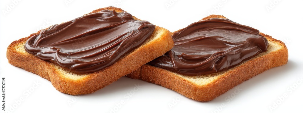 Obraz premium Chocolate spread on toasted bread slices ready for a delicious treat in the kitchen