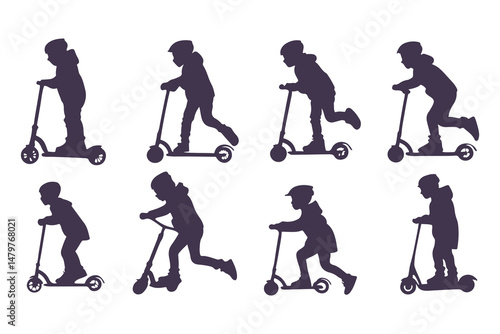 Silhouettes Set of Kids Riding Scooters in Action Poses. Jumping, Pushing, Performing Tricks. Vector Clipart Vector Illustration.