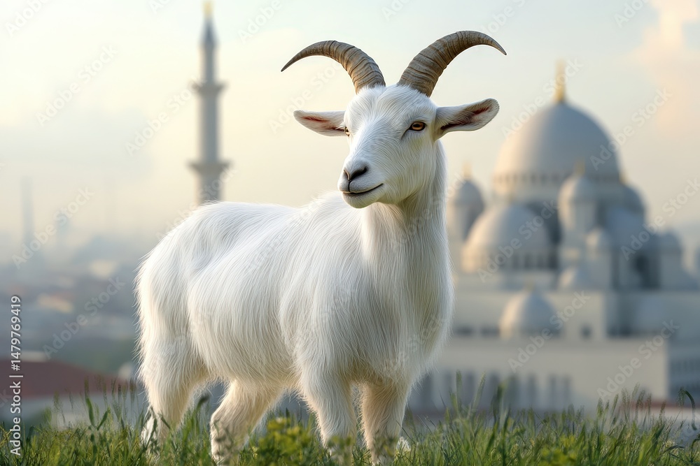 Obraz premium White goat stands proudly before a mosque in a cityscape.