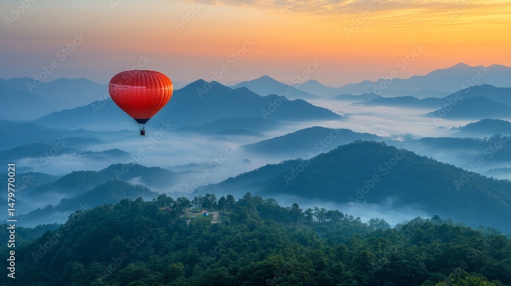 A colorful hot air balloon glides gracefully over tranquil mountains as the sun rises, painting the sky with warm hues A colorful hot air balloon glides gracefully over tranquil mountains as the sun rises, painting the sky with warm hues
