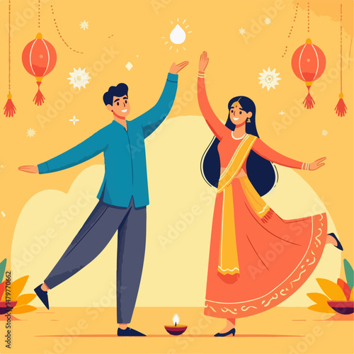 illustration of Indian people celebrating Diwali