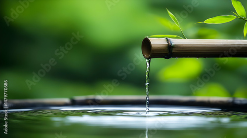 Flowing Water From Bamboo Pipe Into Water Basin In Garden