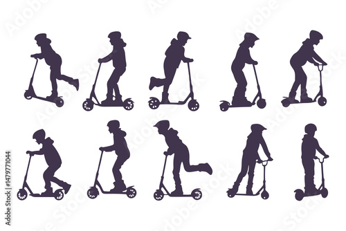 Silhouettes Set of Kids Riding Scooters in Action Poses. Jumping, Pushing, Performing Tricks. Vector Clipart Vector Illustration.