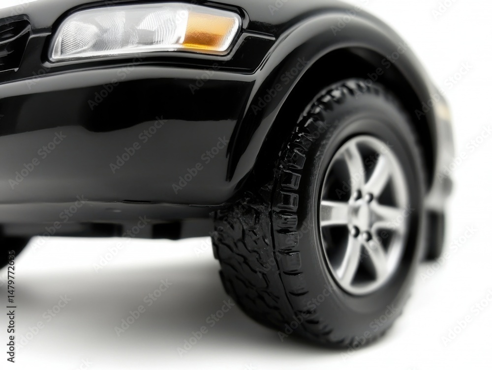 Close up studio shot of black car front wheel and headlight on white background automotive detail Close up studio shot of black car front wheel and headlight on white background automotive detail