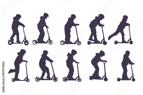 Silhouettes Set of Kids Riding Scooters in Action Poses. Jumping, Pushing, Performing Tricks. Vector Clipart Vector Illustration.