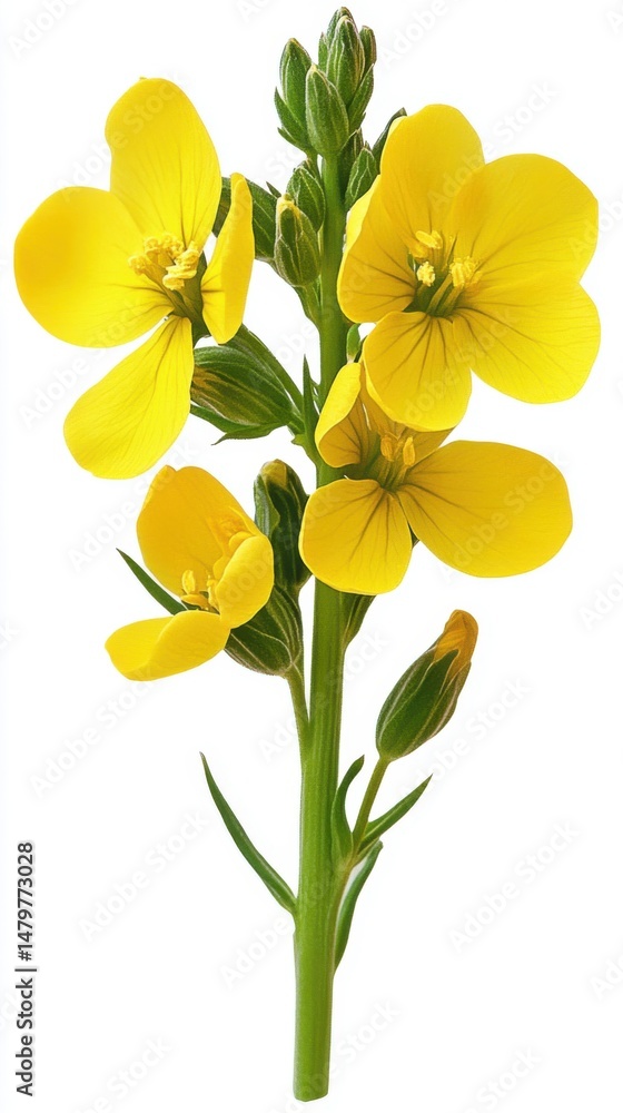 Obraz premium Bright yellow rapeseed flower close up studio shot on white background; blooming canola plant with buds; botanical illustration style