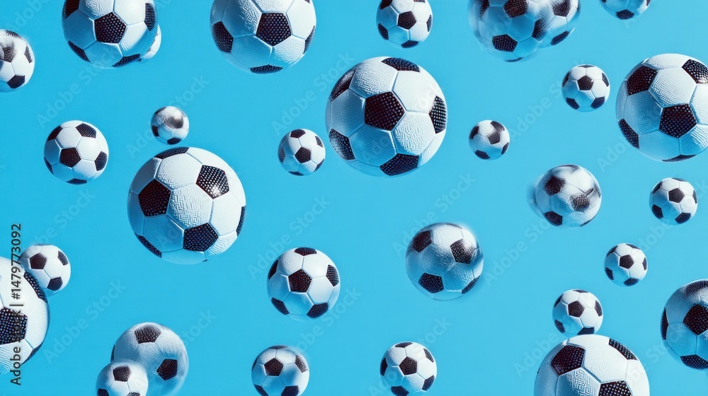 Soccer Ball Rain: A Futuristic Blue Sky Filled with Falling Soccer Balls Soccer Ball Rain: A Futuristic Blue Sky Filled with Falling Soccer Balls