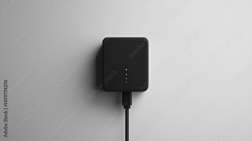 Minimalist black portable charger on a light gray background Minimalist black portable charger on a light gray background
