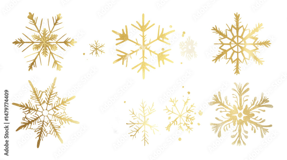 set of golden snowflakes isolated on white background set of golden snowflakes isolated on white background
