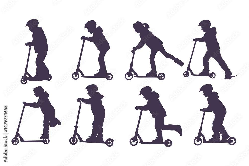 Obraz premium Silhouettes Set of Kids Riding Scooters in Action Poses. Jumping, Pushing, Performing Tricks. Vector Clipart Vector Illustration.