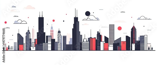 Vector flat silhouette of the skyline in Chicago on a white background, with simple lines