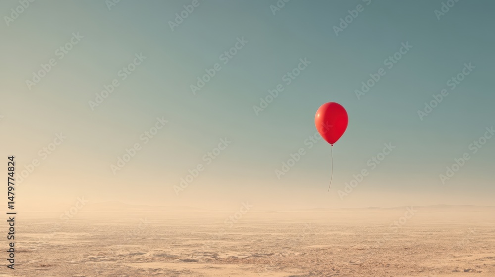 Fototapeta premium Lonely Red Balloon in Vast Desert, Minimalist Surreal Landscape