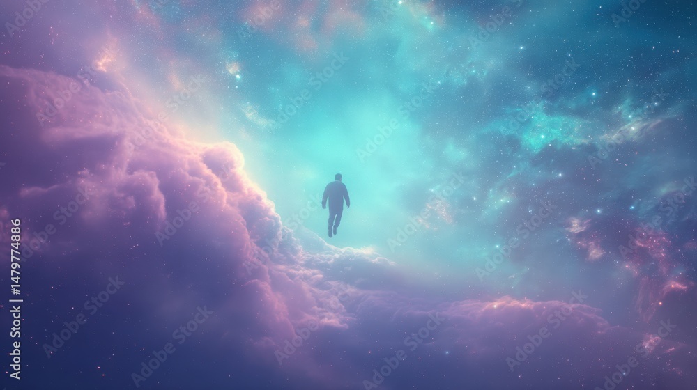 Person Floating in Cosmic Clouds, Surreal Dreamscape Journey