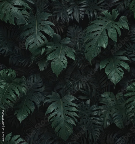 Intricate dark green & black tropical leaves, abstract pattern , abstract, tropical background
