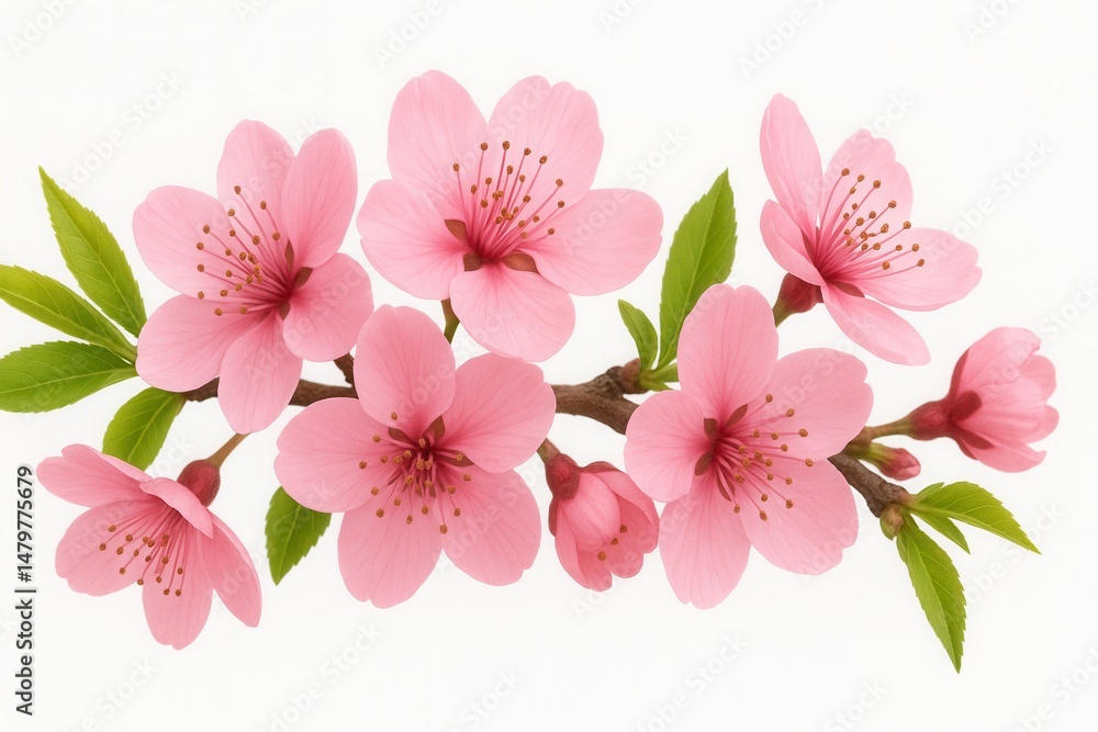 Fototapeta premium A close-up shot of a branch with delicate pink cherry blossoms, showcasing the beauty of spring flowers against a white background