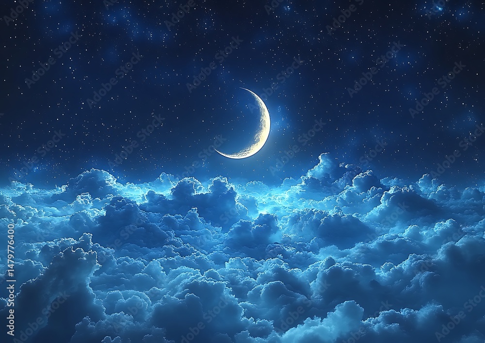 Fototapeta premium Starry night, crescent moon, and clouds