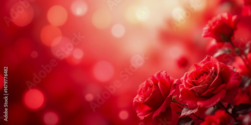 Fototapeta Naklejka Na Ścianę i Meble -  Romantic red rose bouquet with glowing bokeh background, perfect for love, valentine or wedding themes