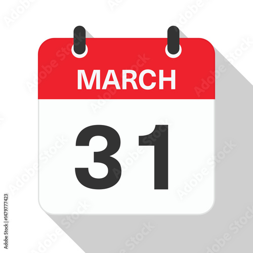 March 31 Daily Calendar. Red Theme on White Background