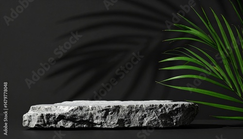 3D background with stone podium display. Nature rock pedestal with tropical palm leaf and shadow on black background.
