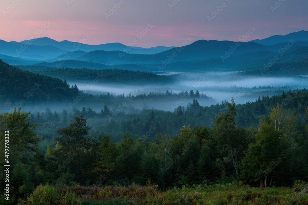 Naklejka premium Misty mountain landscape at dawn with fog rolling through trees, tranquil nature scene