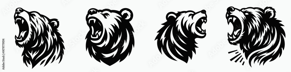 Obraz premium Bear. Roar Fierce Aggressive Strong Open Mouth Strength Clipart silhouette Vector Illustration. Huge mammal of the woods furry beast protection fauna wild habitat.