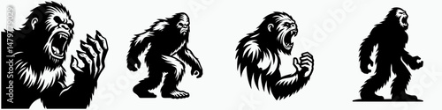 Bigfoot. Roar Fierce Aggressive Strong Open Mouth Strength Clipart silhouette Vector Illustration. Elusive primate explore cryptic hominid legends woodland creature phenomena.