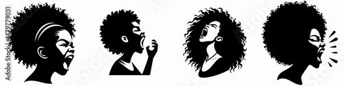 black girl. Roar Fierce Aggressive Strong Open Mouth Strength Clipart silhouette Vector Illustration. Young african female ebony beauty cherished heritage a vision of confidence.