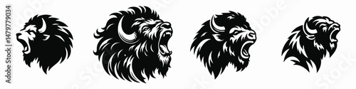 Bison. Roar Fierce Aggressive Strong Open Mouth Strength Clipart silhouette Vector Illustration. Mighty bovine explore plains ungulate robust fauna american prairie beast.