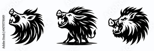 boar. Roar Fierce Aggressive Strong Open Mouth Strength Clipart silhouette Vector Illustration. Wild swine feral hog a porcine mammal for countryside wildlife imaging.