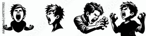 boy. Roar Fierce Aggressive Strong Open Mouth Strength Clipart silhouette Vector Illustration. Young male individual youth lad adolescent son offspring human child.