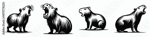 capybara. Roar Fierce Aggressive Strong Open Mouth Strength Clipart silhouette Vector Illustration. Largest rodent akin to a guinea pig delightful docile herbivore mammal.