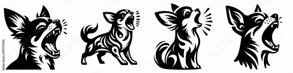 Fototapeta premium Chihuahua Dog. Roar Fierce Aggressive Strong Open Mouth Strength Clipart silhouette Vector Illustration. Tiny canine breed detail caring instruction character traits profile health.
