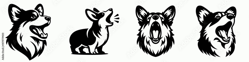 Obraz premium Corgi Dog. Roar Fierce Aggressive Strong Open Mouth Strength Clipart silhouette Vector Illustration. Lovable welsh companion canine breed information charming family pet.