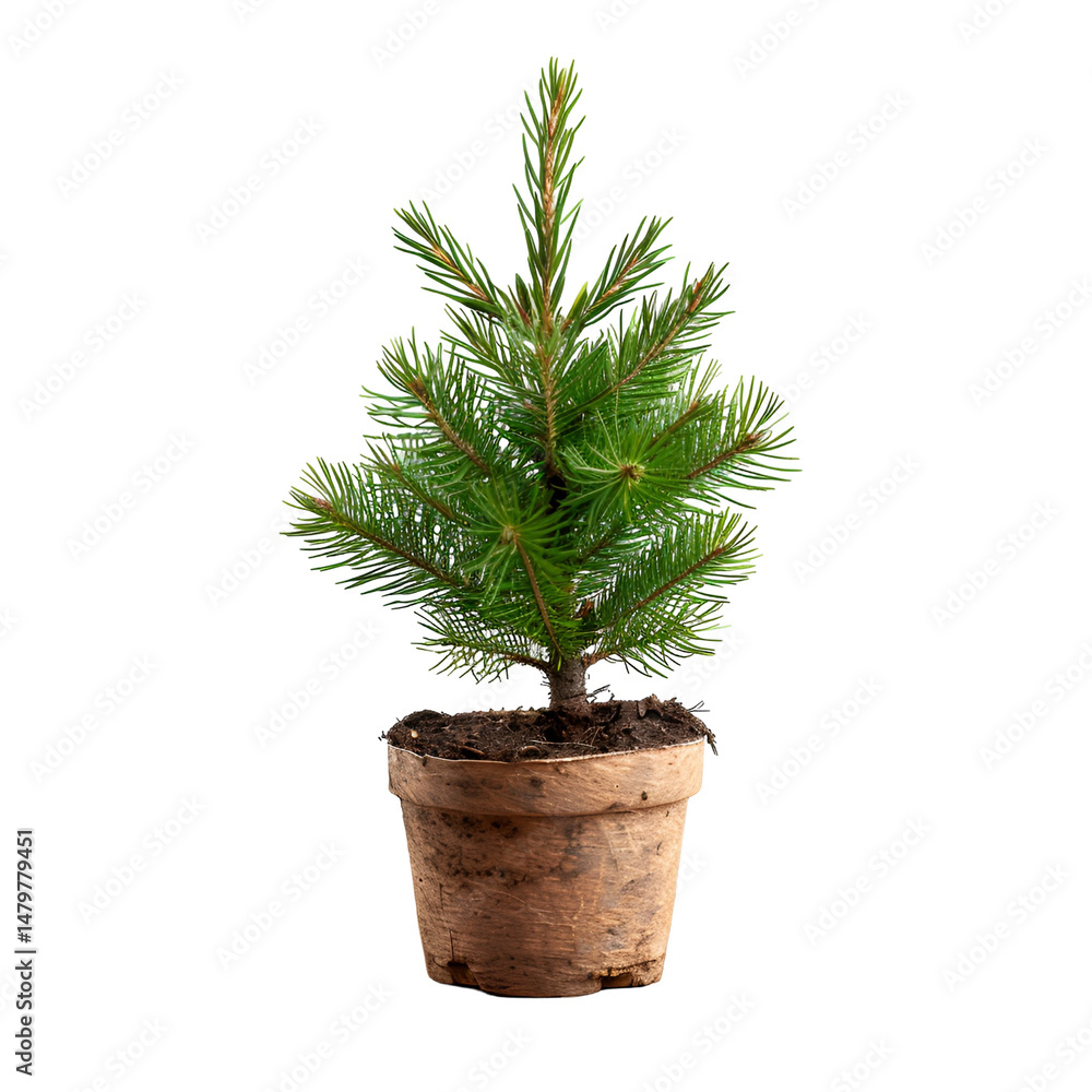 Small potted fir tree on black background young evergreen sapling Small potted fir tree on black background young evergreen sapling