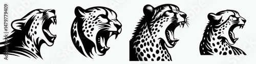 Cheetah. Roar Fierce Aggressive Strong Open Mouth Strength Clipart silhouette Vector Illustration. Fastest feline a spotted cat hunter predator with amazing acceleration sprint.