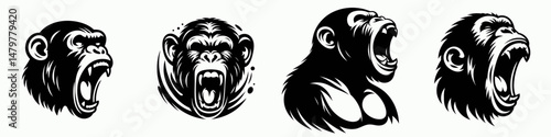 Chimpanzee. Roar Fierce Aggressive Strong Open Mouth Strength Clipart silhouette Vector Illustration. Primate creature clever ape intellect wildlife exploration nature conservation.