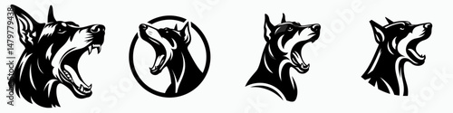Doberman Pinscher Dog. Roar Fierce Aggressive Strong Open Mouth Strength Clipart silhouette Vector Illustration. Canine breed guide intelligence temperament and care information.