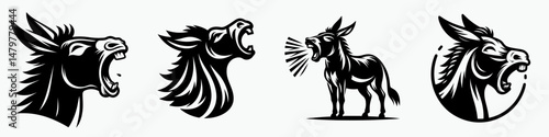 Donkey. Roar Fierce Aggressive Strong Open Mouth Strength Clipart silhouette Vector Illustration. Equine quadruped sturdy burro for farm work a beast of burden transport use.